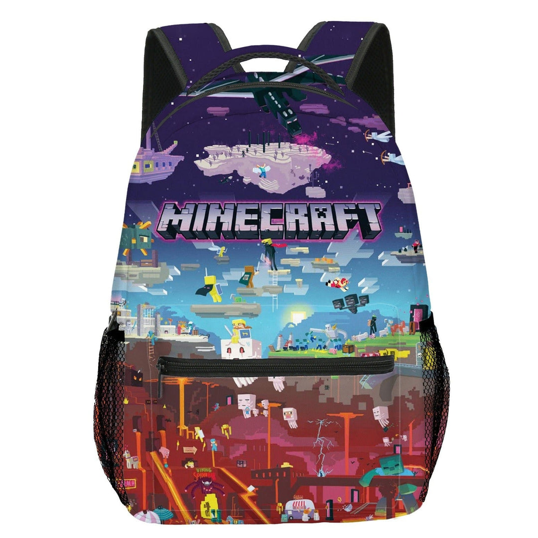 "Cartable enfant vibrant Minecraft avec motifs colorés, personnages emblématiques, design durable et spacieux pour l'école."