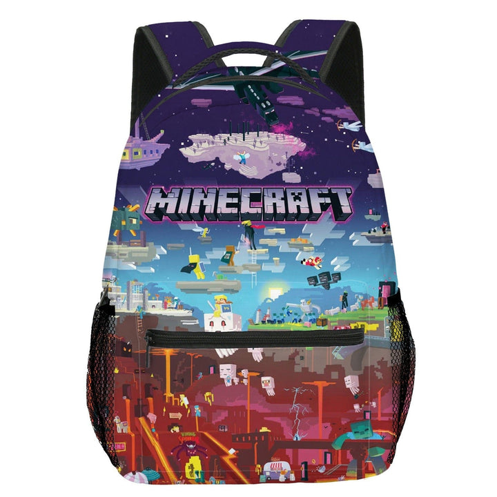 "Cartable enfant vibrant Minecraft avec motifs colorés, personnages emblématiques, design durable et spacieux pour l'école."