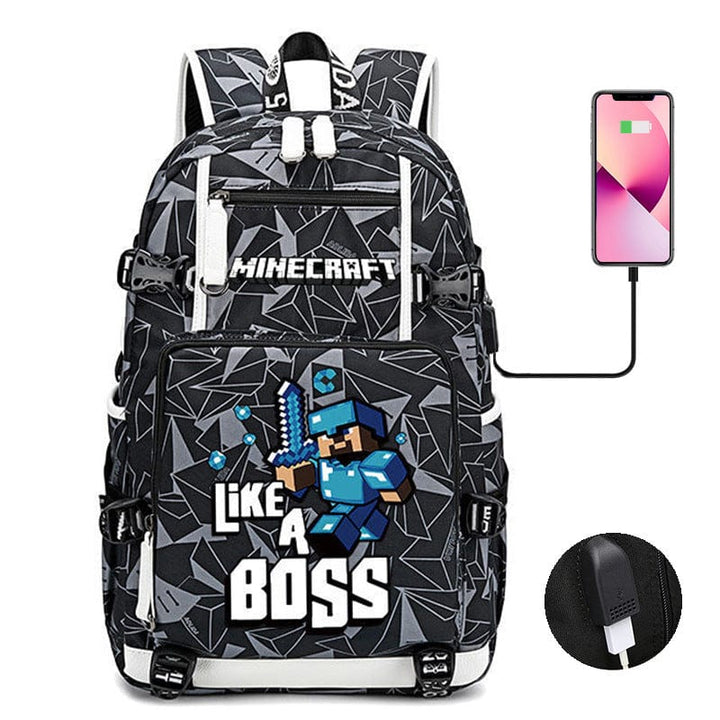 "Cartable Minecraft bleu avec design moderne, poches pratiques et sangles ajustables pour jeunes aventuriers scolaires."