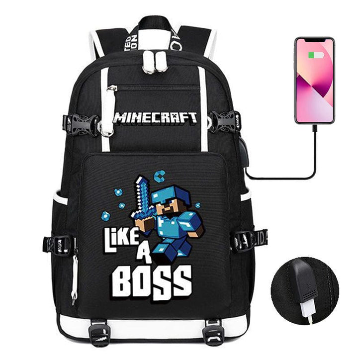 "Cartable Minecraft bleu avec design moderne, poches pratiques et sangles ajustables pour jeunes aventuriers scolaires."
