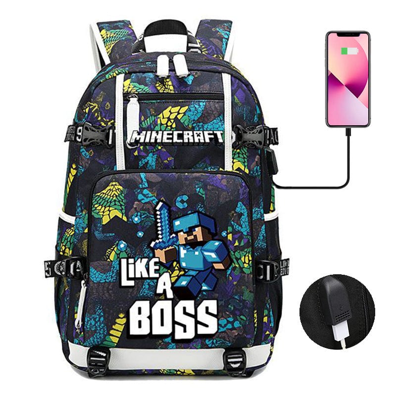 "Cartable Minecraft bleu avec design moderne, poches pratiques et sangles ajustables pour jeunes aventuriers scolaires."