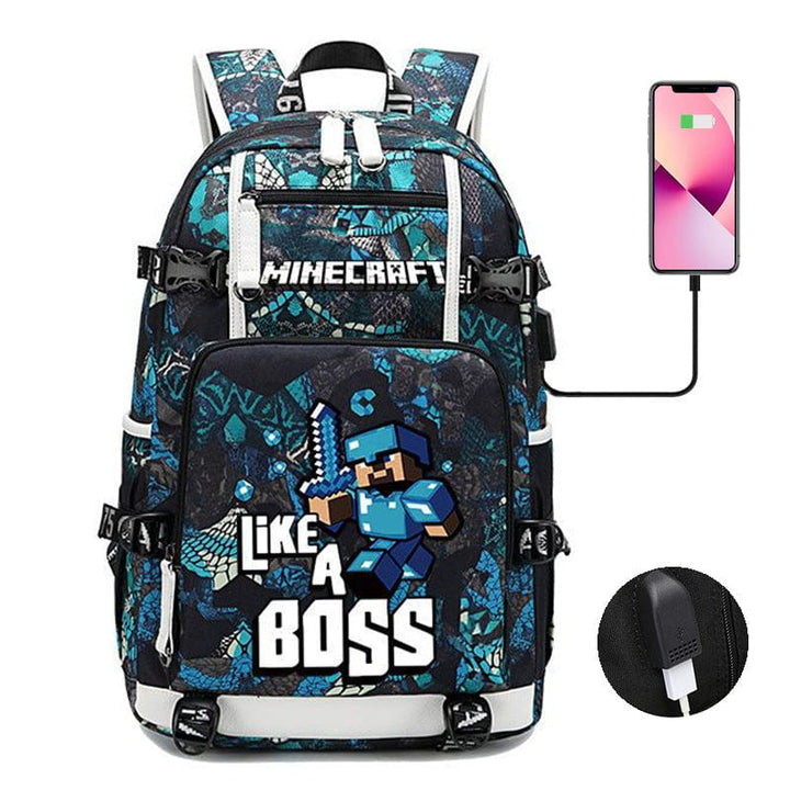 "Cartable Minecraft bleu avec design moderne, poches pratiques et sangles ajustables pour jeunes aventuriers scolaires."