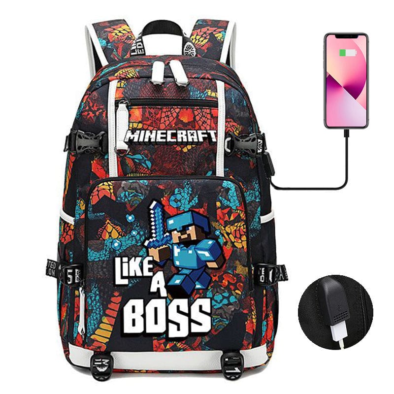 "Cartable Minecraft bleu avec design moderne, poches pratiques et sangles ajustables pour jeunes aventuriers scolaires."