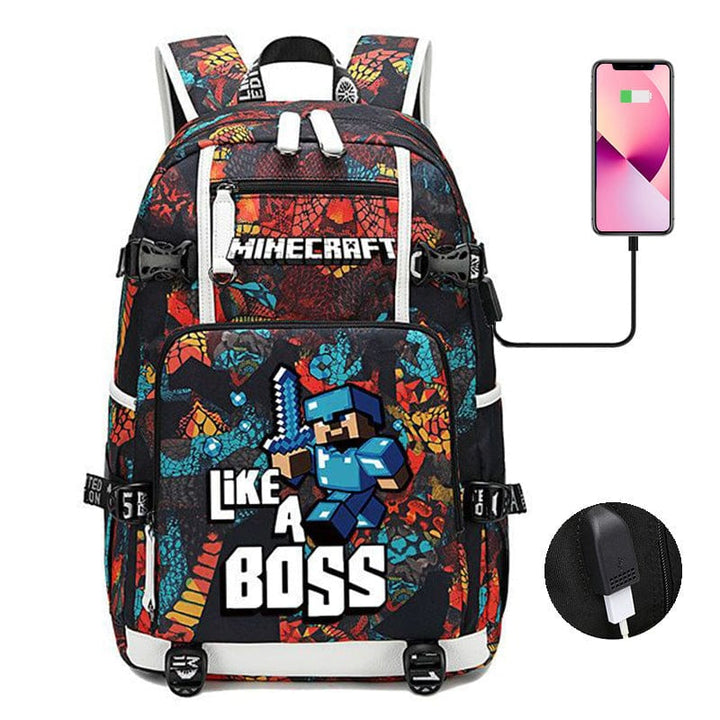 "Cartable Minecraft bleu avec design moderne, poches pratiques et sangles ajustables pour jeunes aventuriers scolaires."