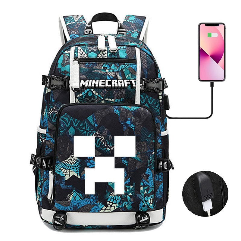 "Cartable Minecraft bleu avec design moderne, poches pratiques et sangles ajustables pour jeunes aventuriers scolaires."