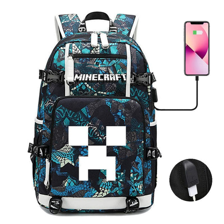 "Cartable Minecraft bleu avec design moderne, poches pratiques et sangles ajustables pour jeunes aventuriers scolaires."