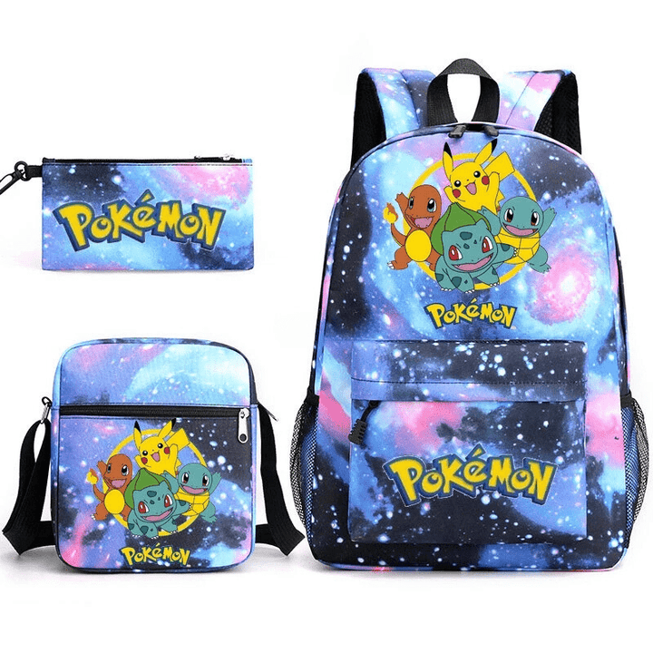 "Cartable Pokémon bleu étanche et coloré pour enfants avec personnages ludiques, idéal pour la rentrée scolaire."