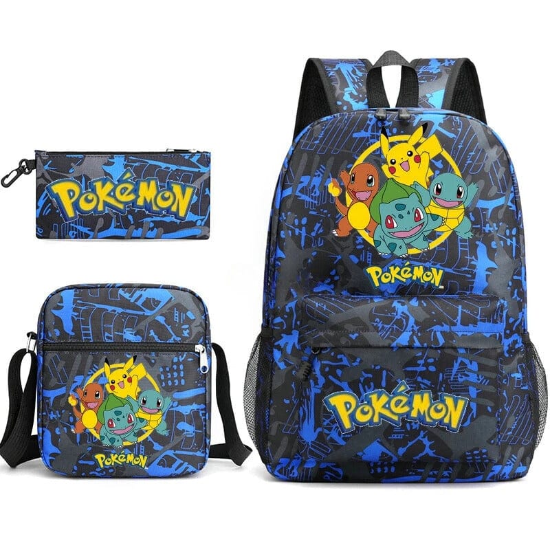 "Cartable Pokémon bleu étanche et coloré pour enfants avec personnages ludiques, idéal pour la rentrée scolaire."