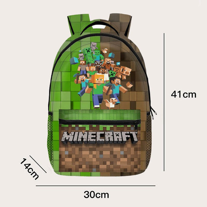 "Cartable scolaire pour enfants, imprimé Minecraft, vue de face avec motifs Creeper et couleurs vives."