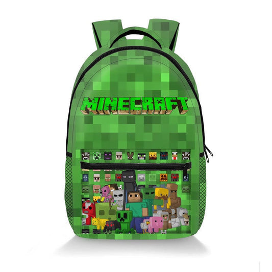 "Cartable scolaire pour enfants, imprimé Minecraft, vue de face avec motifs Creeper et couleurs vives."