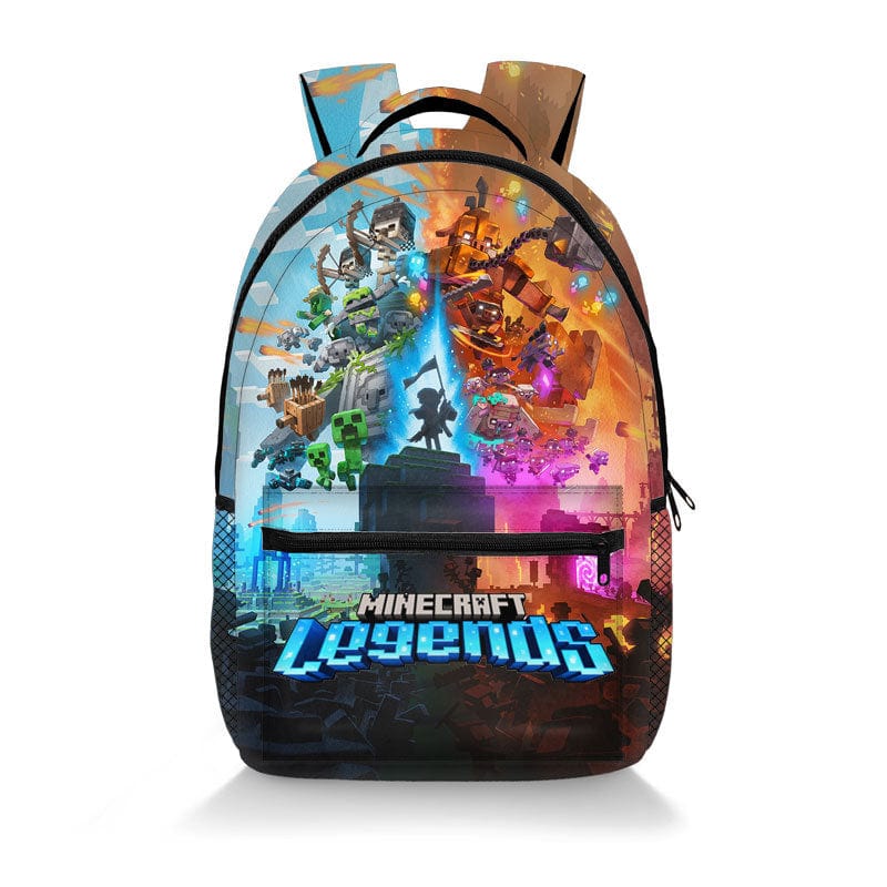 "Cartable scolaire pour enfants, imprimé Minecraft, vue de face avec motifs Creeper et couleurs vives."