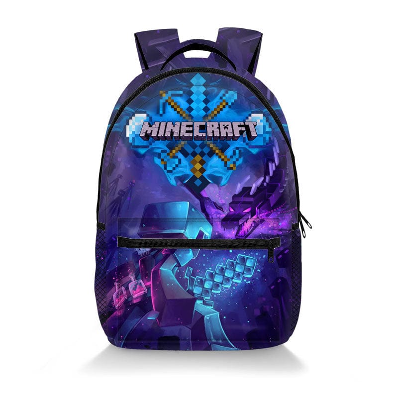 "Cartable scolaire pour enfants, imprimé Minecraft, vue de face avec motifs Creeper et couleurs vives."
