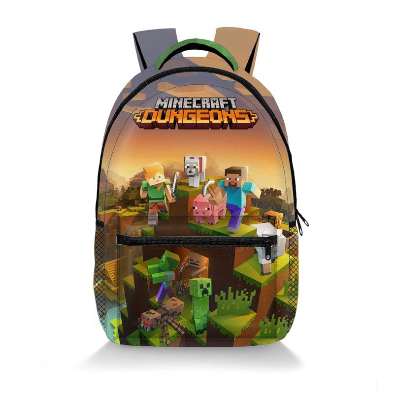 "Cartable scolaire pour enfants, imprimé Minecraft, vue de face avec motifs Creeper et couleurs vives."