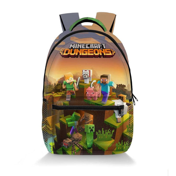 "Cartable scolaire pour enfants, imprimé Minecraft, vue de face avec motifs Creeper et couleurs vives."