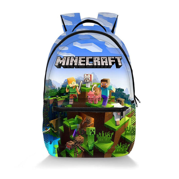 "Cartable scolaire pour enfants, imprimé Minecraft, vue de face avec motifs Creeper et couleurs vives."