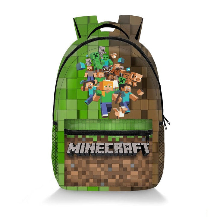 "Cartable scolaire pour enfants, imprimé Minecraft, vue de face avec motifs Creeper et couleurs vives."