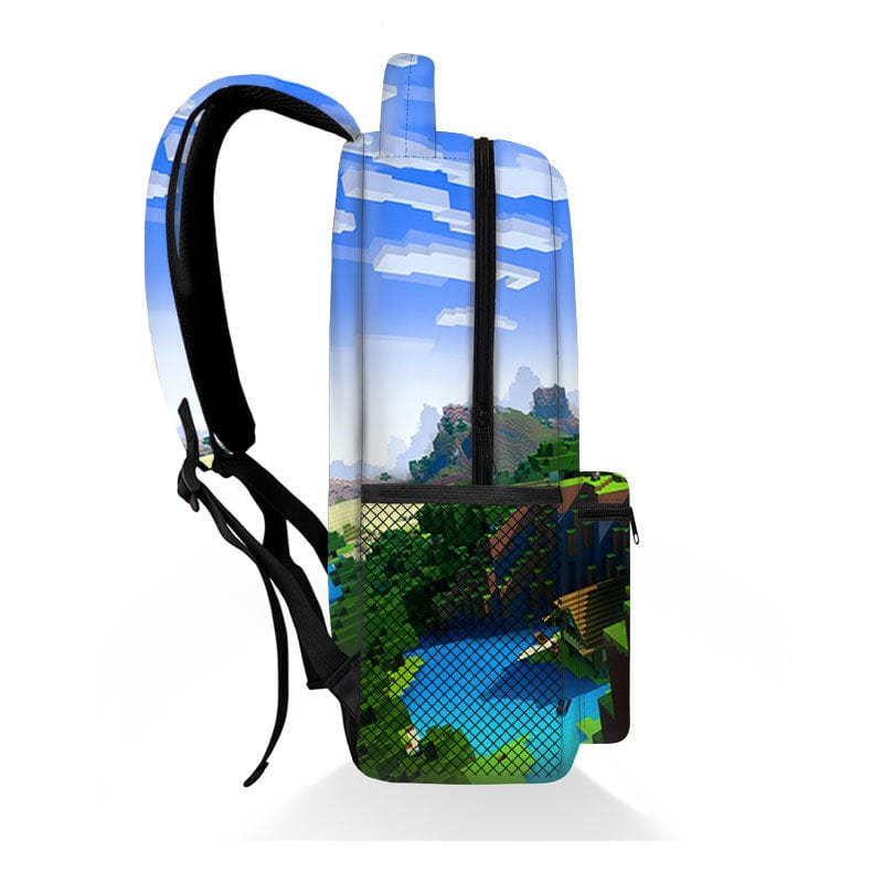 "Cartable scolaire pour enfants, imprimé Minecraft, vue de face avec motifs Creeper et couleurs vives."