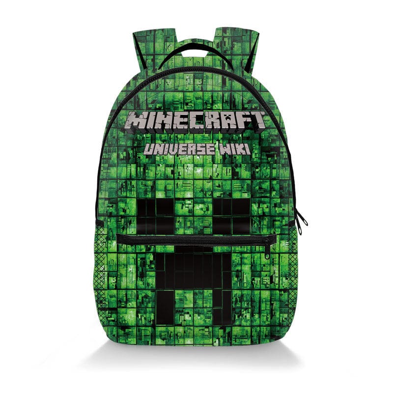 "Cartable scolaire pour enfants, imprimé Minecraft, vue de face avec motifs Creeper et couleurs vives."