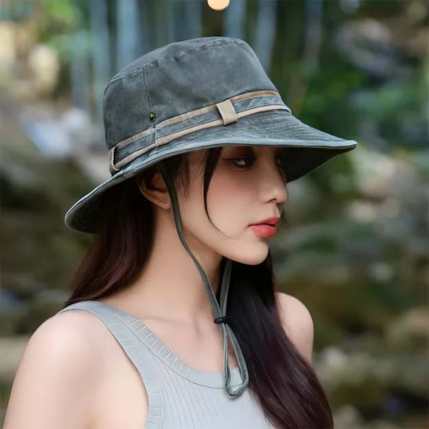Chapeau anti-UV réglable pour femme, couleur kaki, léger, bord large, protection solaire optimale pour aventures en plein air