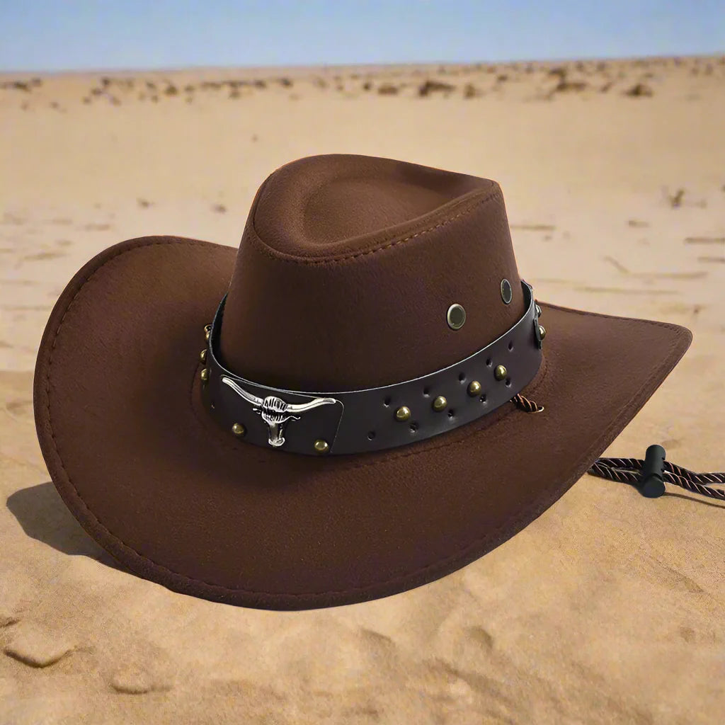 "Chapeau de cow-boy en cuir végétal avec jugulaire tressée, ajustable, vue de face, style western classique, accessoire femme