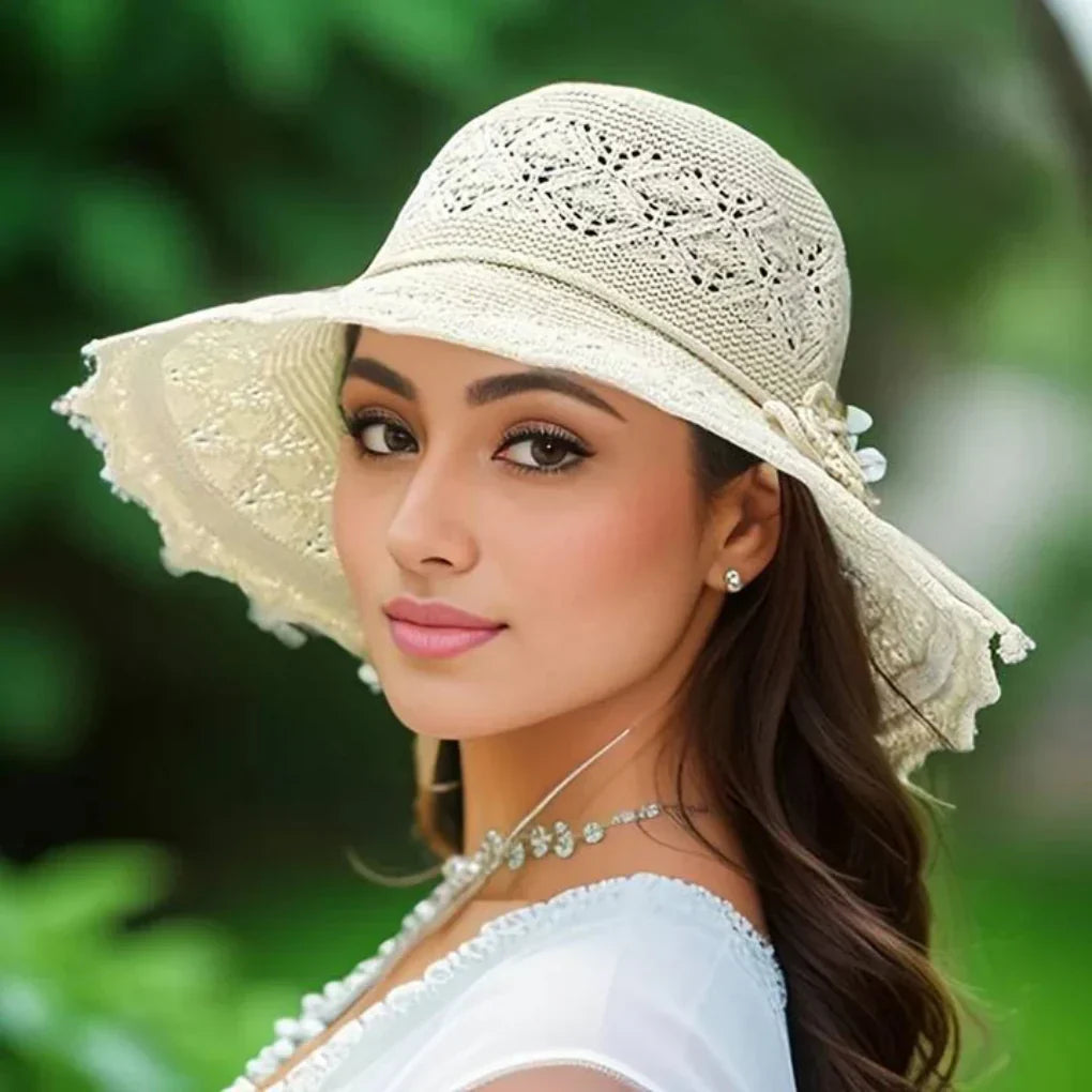 Chapeau de soleil élégant en dentelle, large bord, protection UV, idéal escapades estivales, couleurs variées, chic.