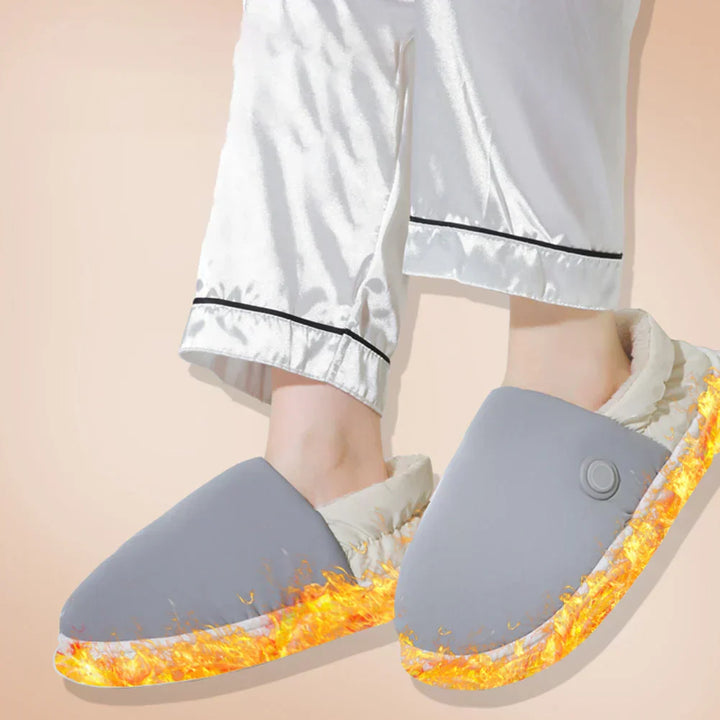 "Chaussons chauffants électriques gris, épais, pour confort et détente en intérieur, avec réglage de température."
