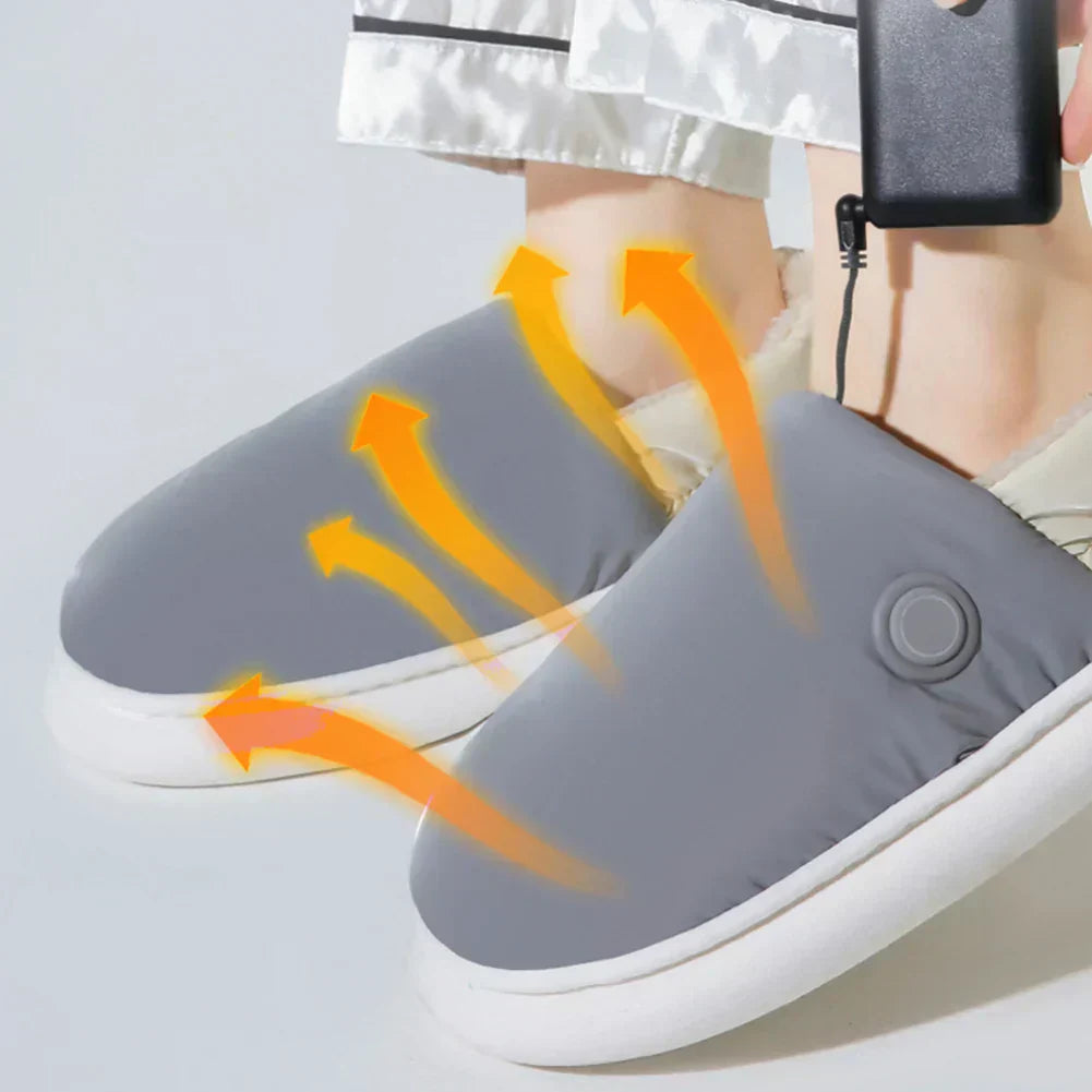 "Chaussons chauffants électriques gris, épais, pour confort et détente en intérieur, avec réglage de température."