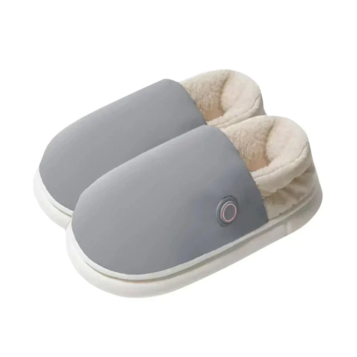 "Chaussons chauffants électriques gris, épais, pour confort et détente en intérieur, avec réglage de température."