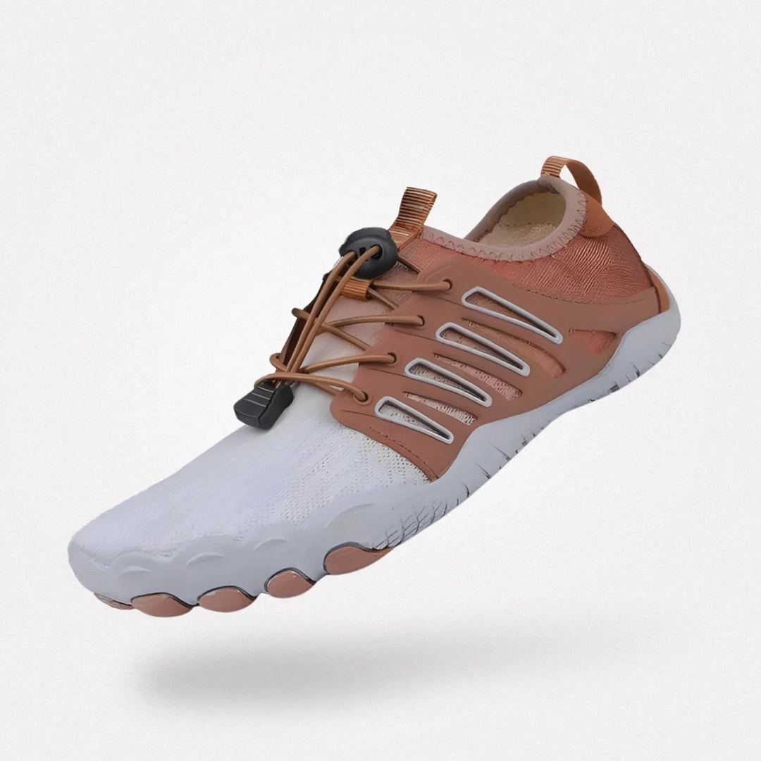 "Chaussure minimaliste féminine, profil moderne, semelle flexible, matériaux respirants, couleurs variées, vue principale."