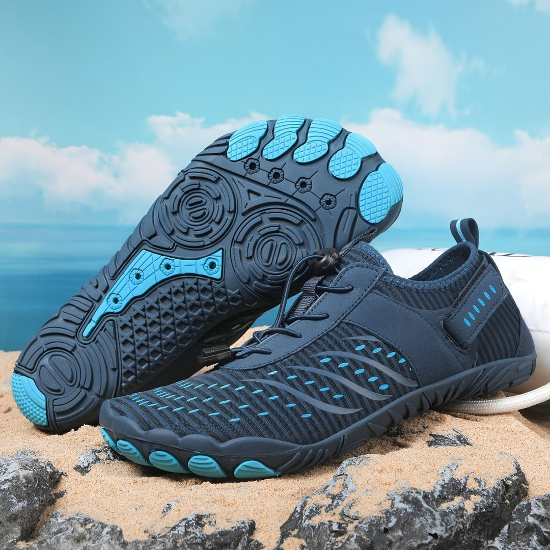 "Chaussures aquatiques légères unisexes, respirantes, semelle antidérapante, tige bleue textile, parfaites activités nautique