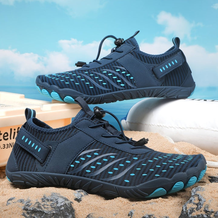 "Chaussures aquatiques légères unisexes, respirantes, semelle antidérapante, tige bleue textile, parfaites activités nautique