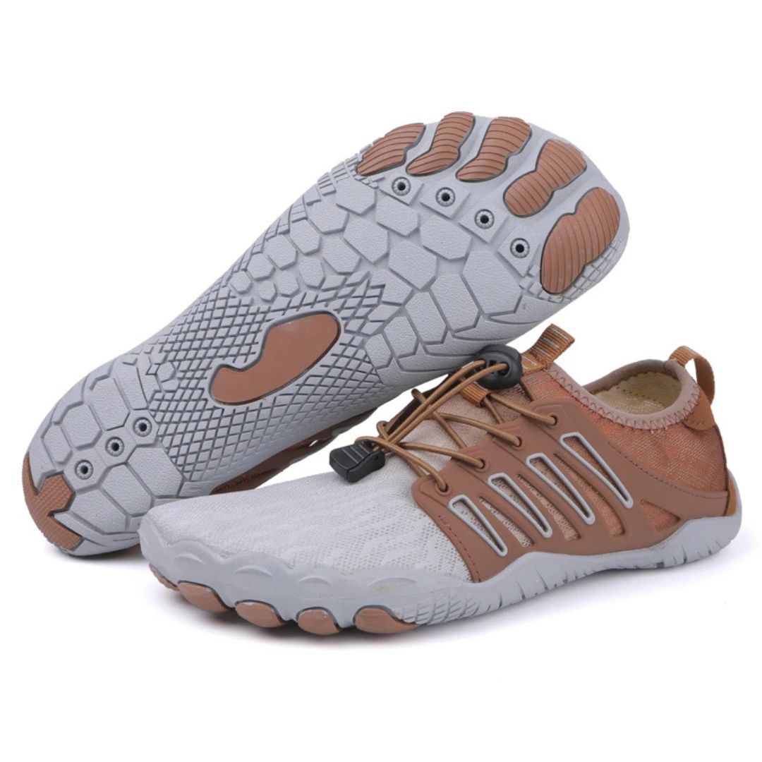 "Chaussures barefoot unisexe minimalistes grises, légères et flexibles, pour confort orthopédique et marche naturelle."