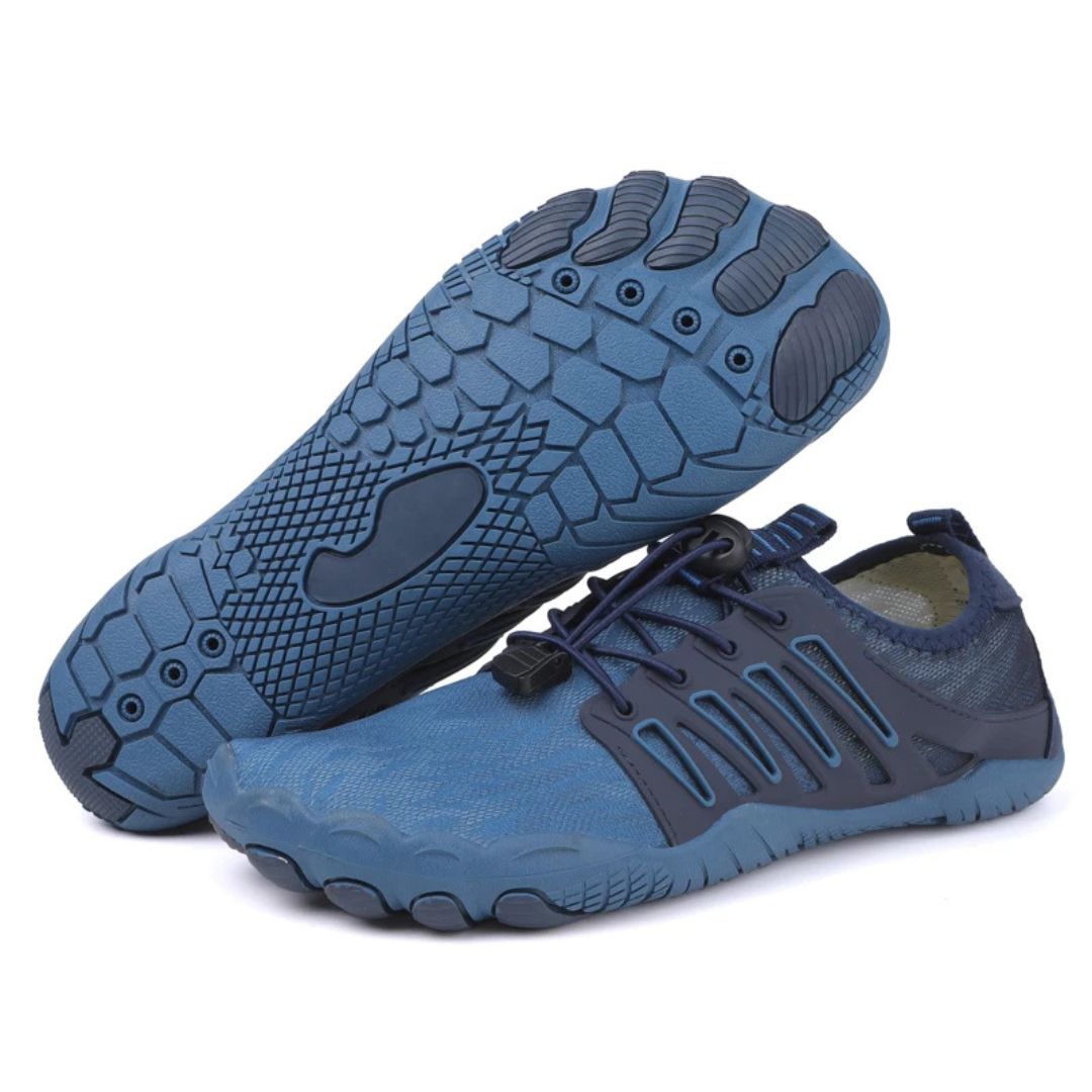 "Chaussures barefoot unisexe minimalistes grises, légères et flexibles, pour confort orthopédique et marche naturelle."