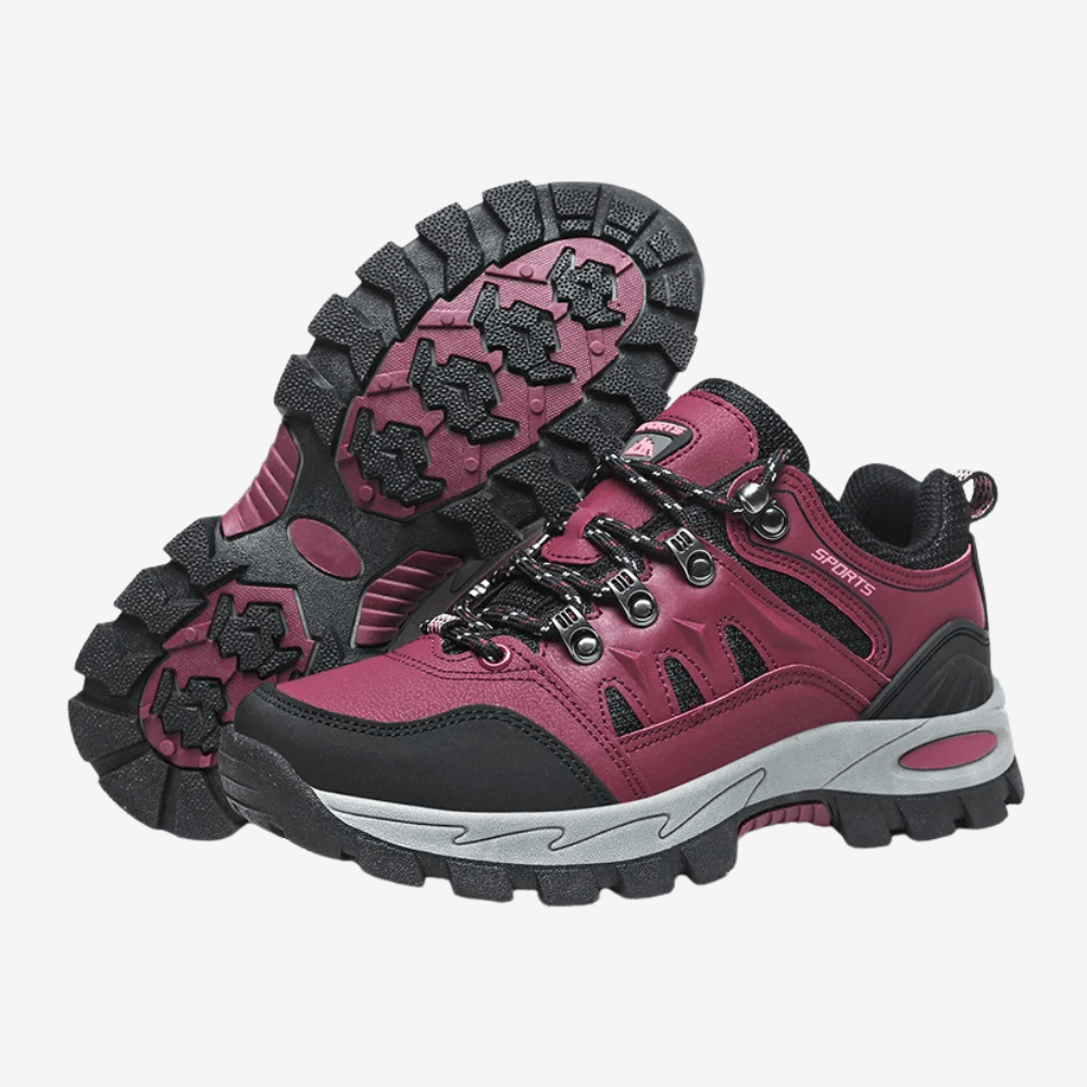 "Chaussures de marche femme légères et respirantes, textile synthétique, semelle crantée, couleur noire et rose."
