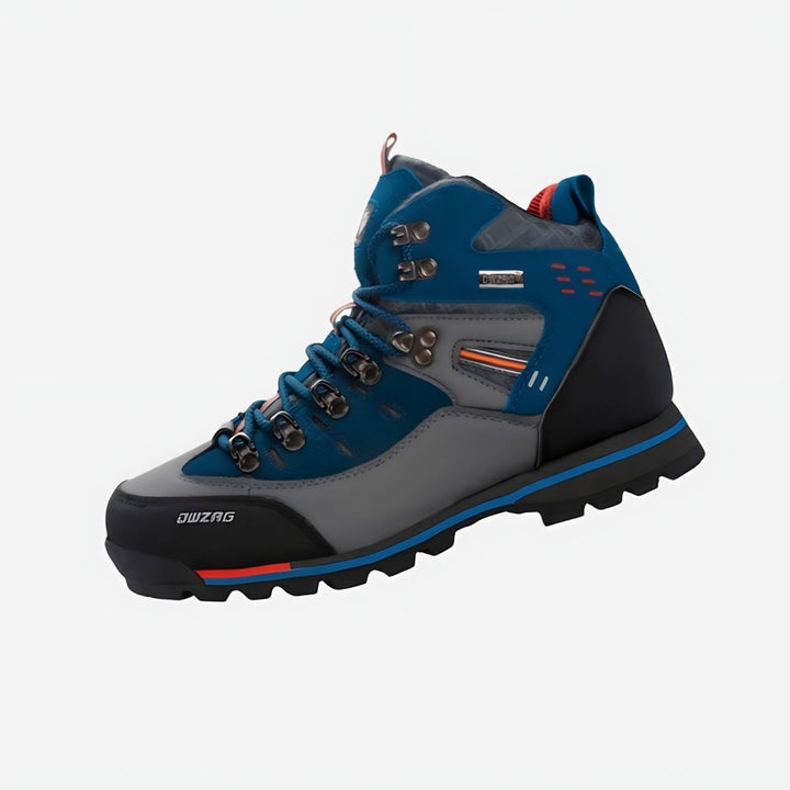 "Chaussures de randonnée homme imperméables, semelle antidérapante, tissu aéré, couleurs bleu, orange, rouge."