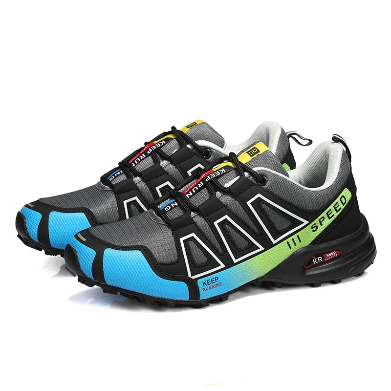 "Chaussures de randonnée hommes, semelle amortissante, confort orthopédique, couleur noire, terrain montagneux"