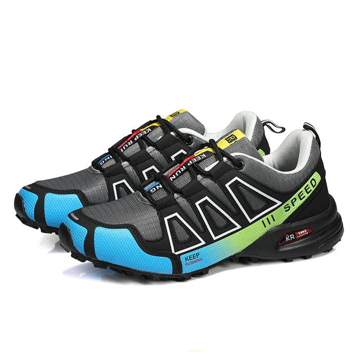 "Chaussures de randonnée hommes, semelle amortissante, confort orthopédique, couleur noire, terrain montagneux"
