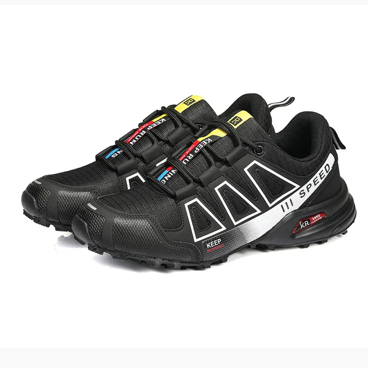"Chaussures de randonnée hommes, semelle amortissante, confort orthopédique, couleur noire, terrain montagneux"