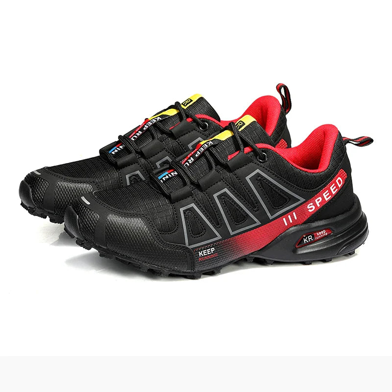 "Chaussures de randonnée hommes, semelle amortissante, confort orthopédique, couleur noire, terrain montagneux"