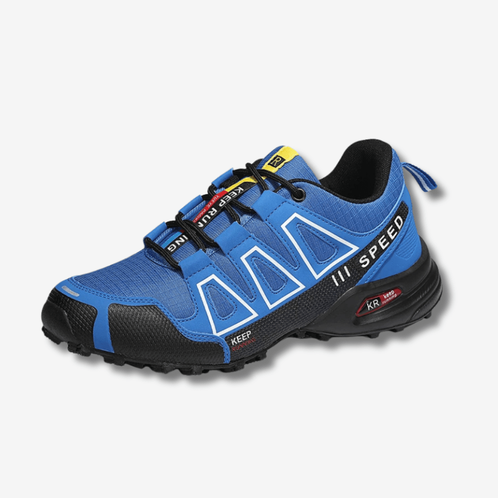Chaussures de randonnée imperméables bleues, semelle antidérapante, offrant confort et stabilité sur terrains variés.