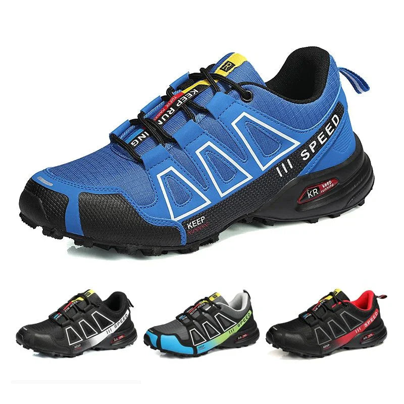 Chaussures de randonnée imperméables bleues, semelle antidérapante, offrant confort et stabilité sur terrains variés.