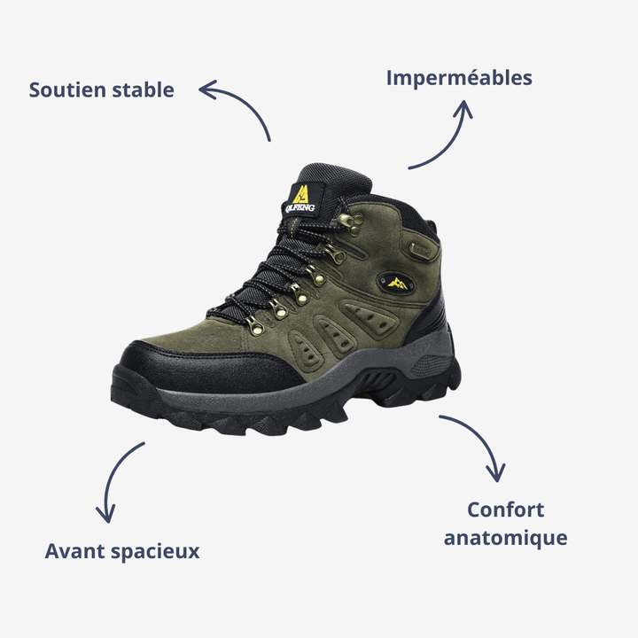 Chaussures de randonnée imperméables, robustes, profil aérodynamique, semelle antidérapante pour terrains difficiles.
