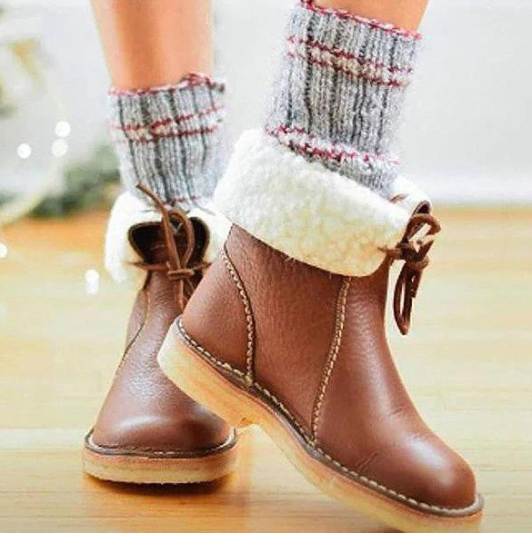 "Chaussures d'hiver imperméables pour femme avec doublure en laine, design chic, semelle antidérapante, couleur sombre."