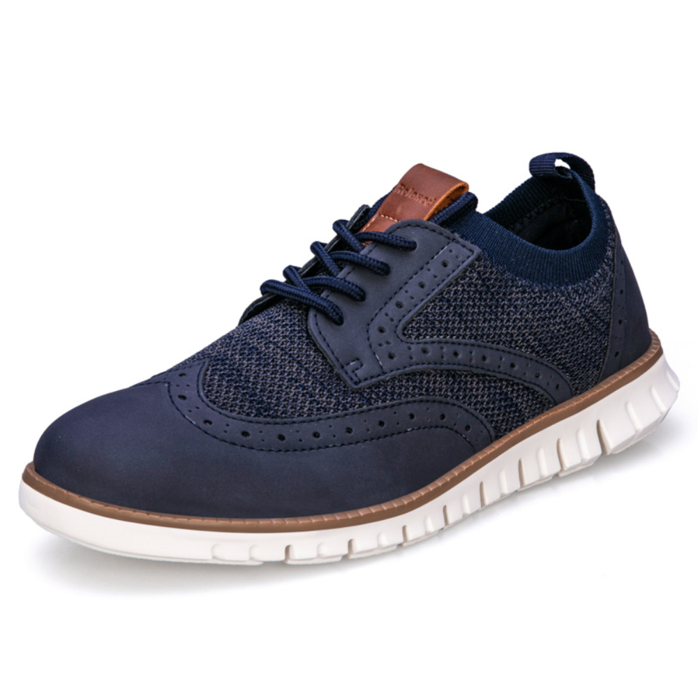 "Chaussures hommes élégantes en cuir PU bleu foncé, respirantes et confortables, style classique et contemporain."
