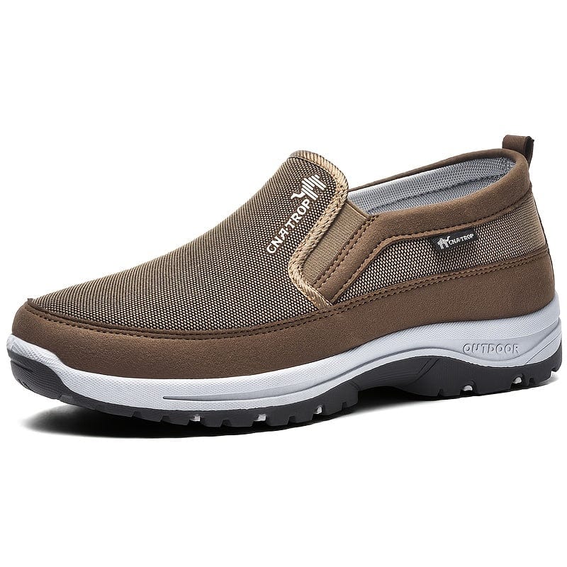"Chaussures orthopédiques imperméables pour hommes, design moderne, soutien plantaire, disponibles bleu, café, gris, noir."