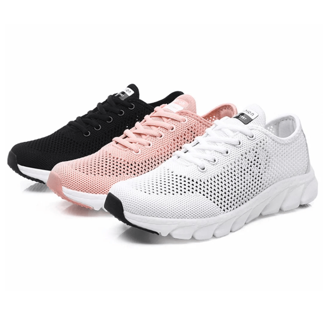 "Chaussures orthopédiques modernes, respirantes, élégantes, vue avant, blanc, noir ou rose, confort et style pour femmes."