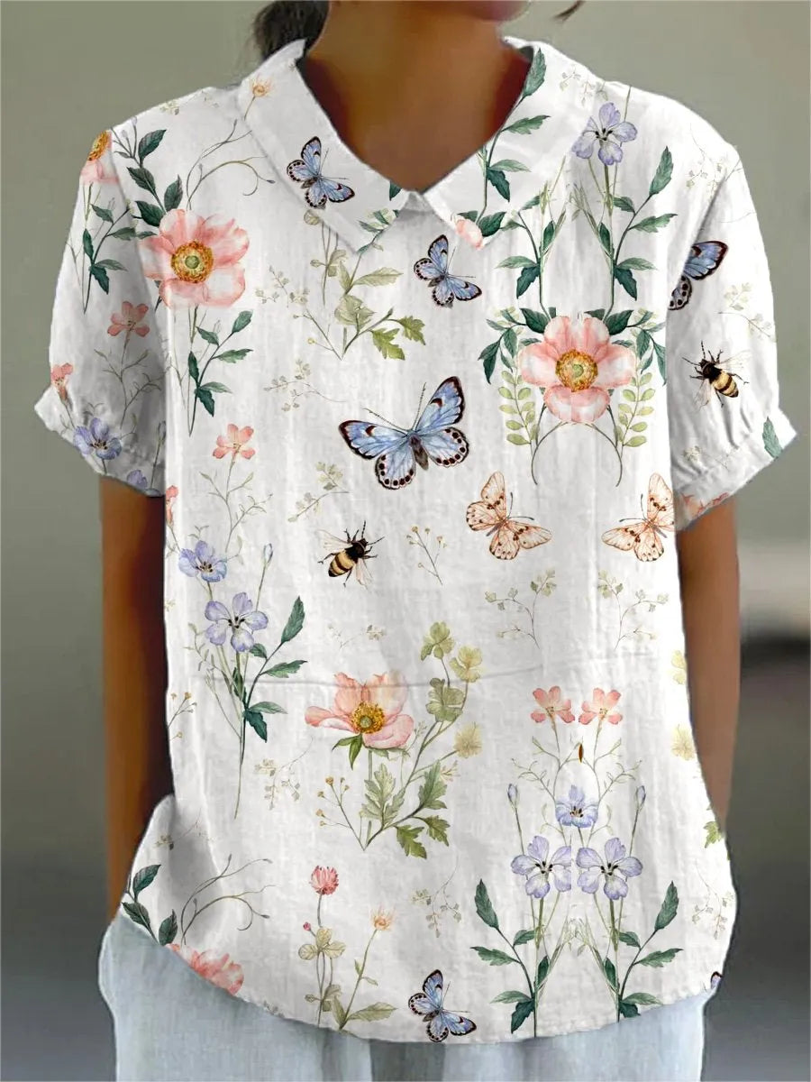 "Chemise décontractée florale coton lin pour femmes, imprimé floral élégant, idéale pour un look casual chic."