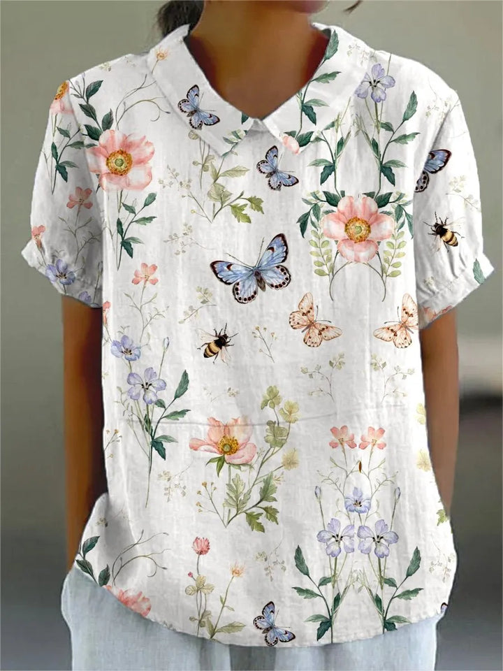"Chemise décontractée florale coton lin pour femmes, imprimé floral élégant, idéale pour un look casual chic."