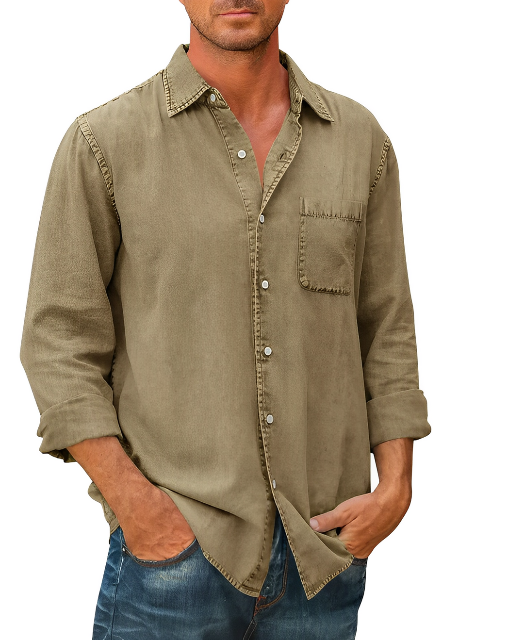 Chemise en denim homme élégante et polyvalente, manches longues, col pointu, poches avant, idéale pour tous styles.