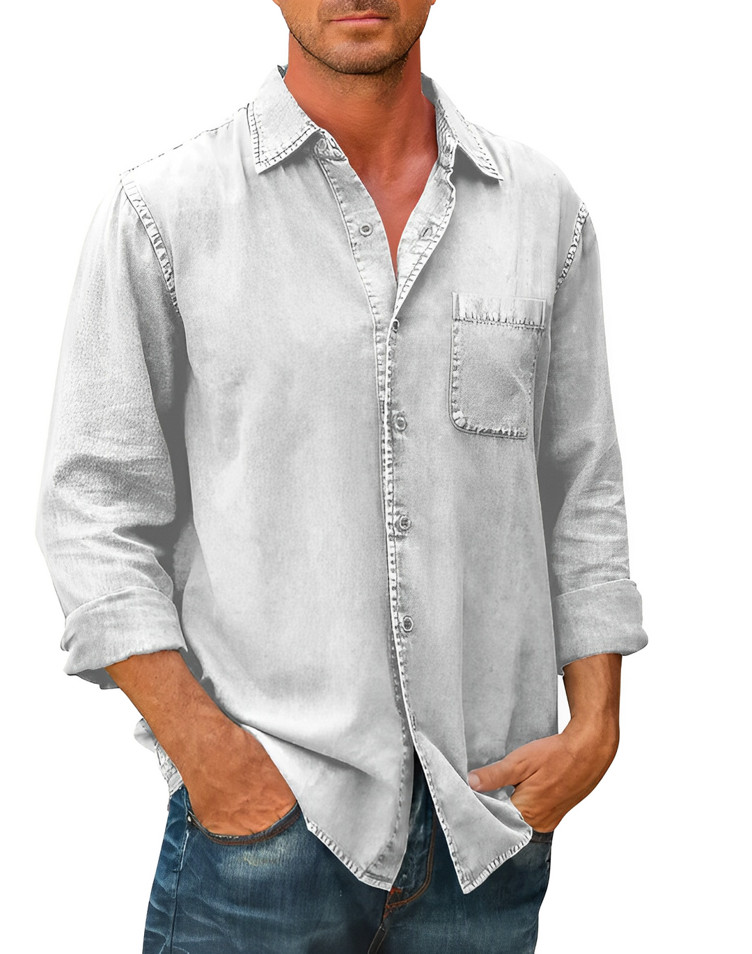 Chemise en denim homme élégante et polyvalente, manches longues, col pointu, poches avant, idéale pour tous styles.